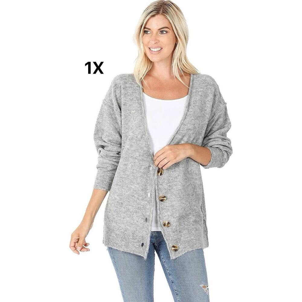 Zenana Melange Button Down Cardigan Oversized Loose Fit, Light Gray Plus Size 1X